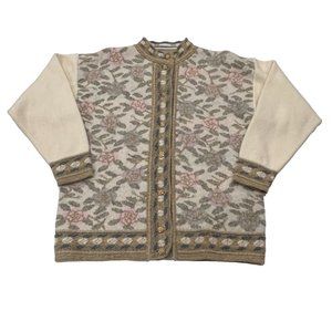 Snowy Peak Rose Wool Button Cardigan, Ivory, Tan, Pink, S